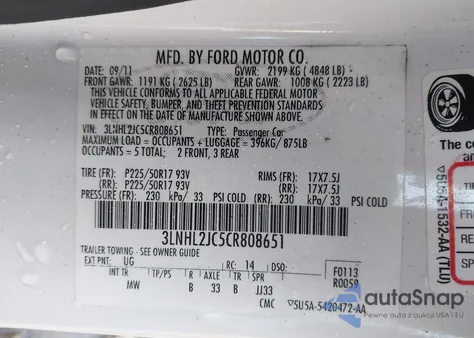 2012 Lincoln Mkz z USA, uszkodzony, nr VIN 3LNHL2JC5CR808651